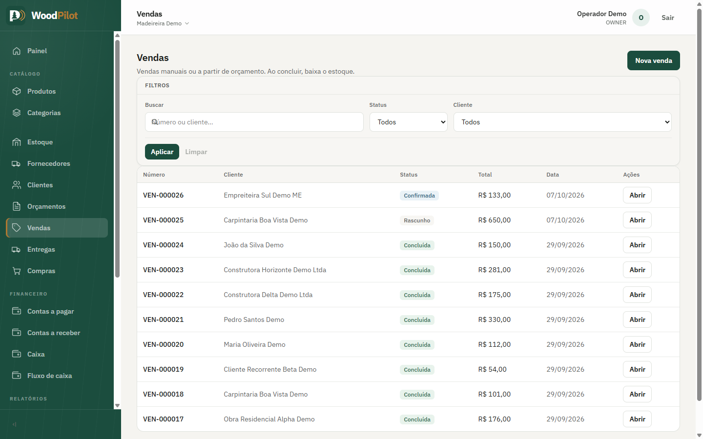 Lista de vendas do WoodPilot com status, total e cliente
